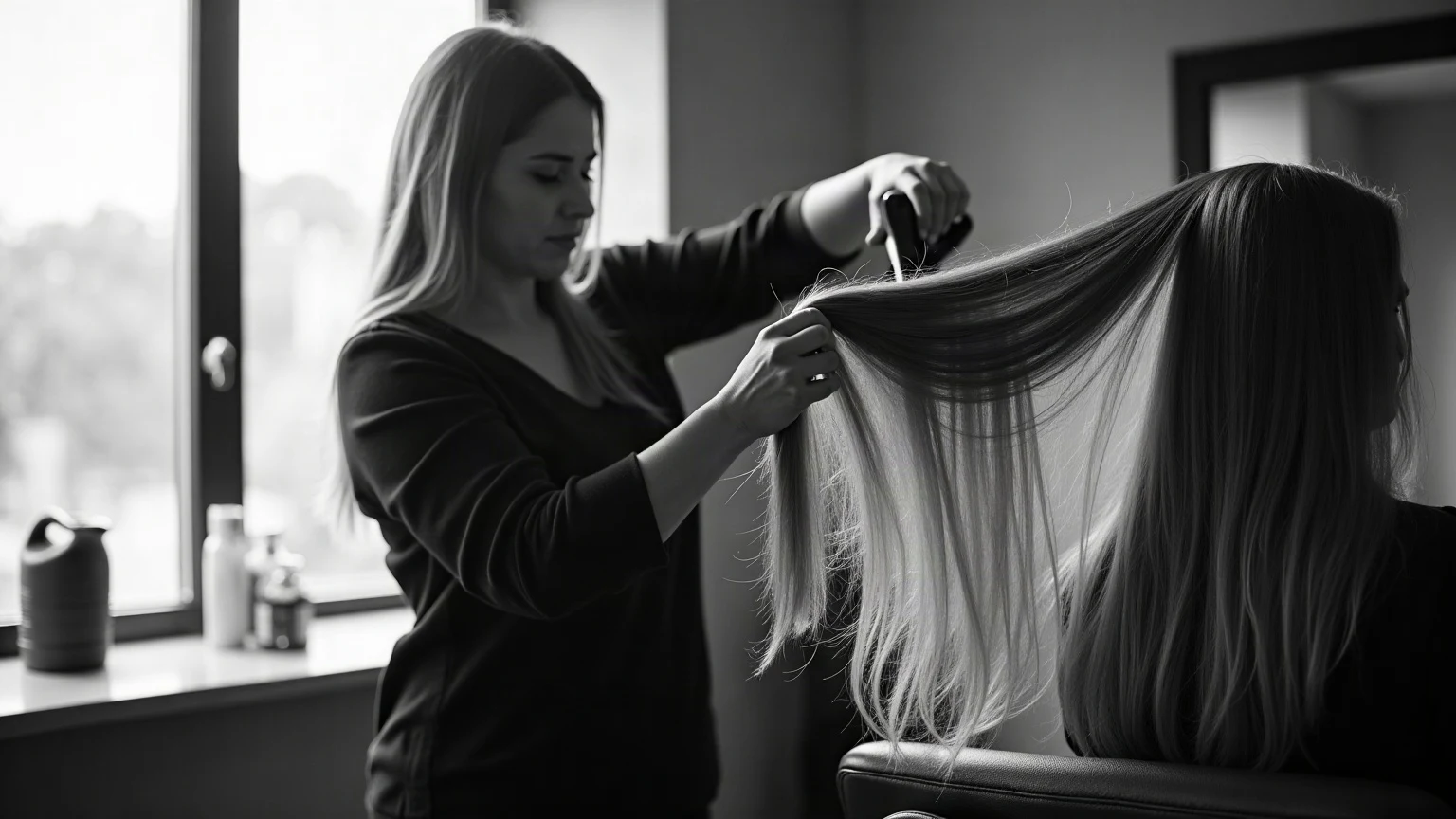 Stylist föhnt het lange haar van een klant in de salon